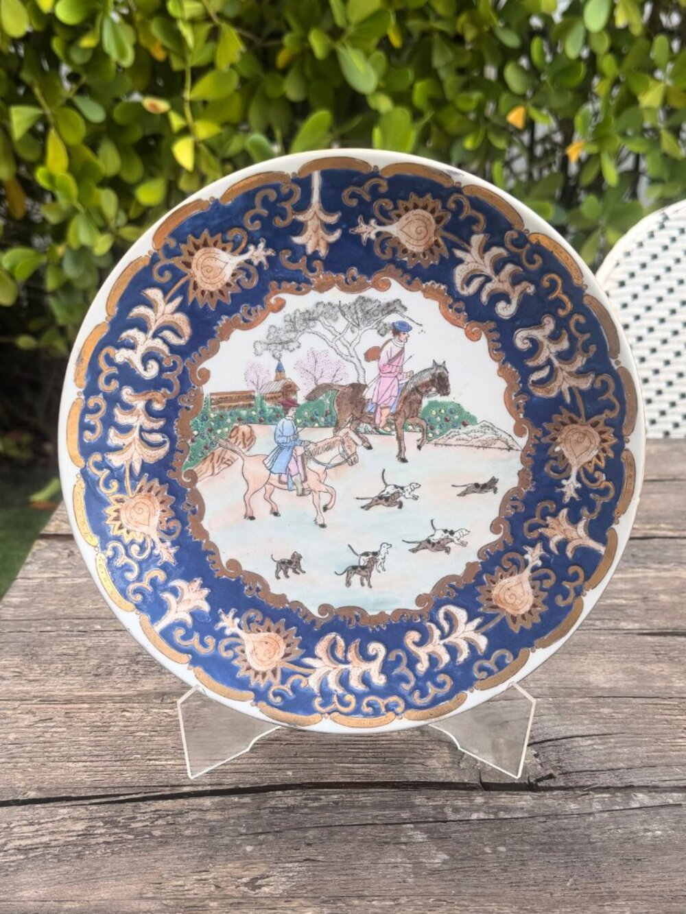 Vintage WBI Asian Plate Hunting Fox Hunt Scene With Gold Trim Chinoiserie Decor